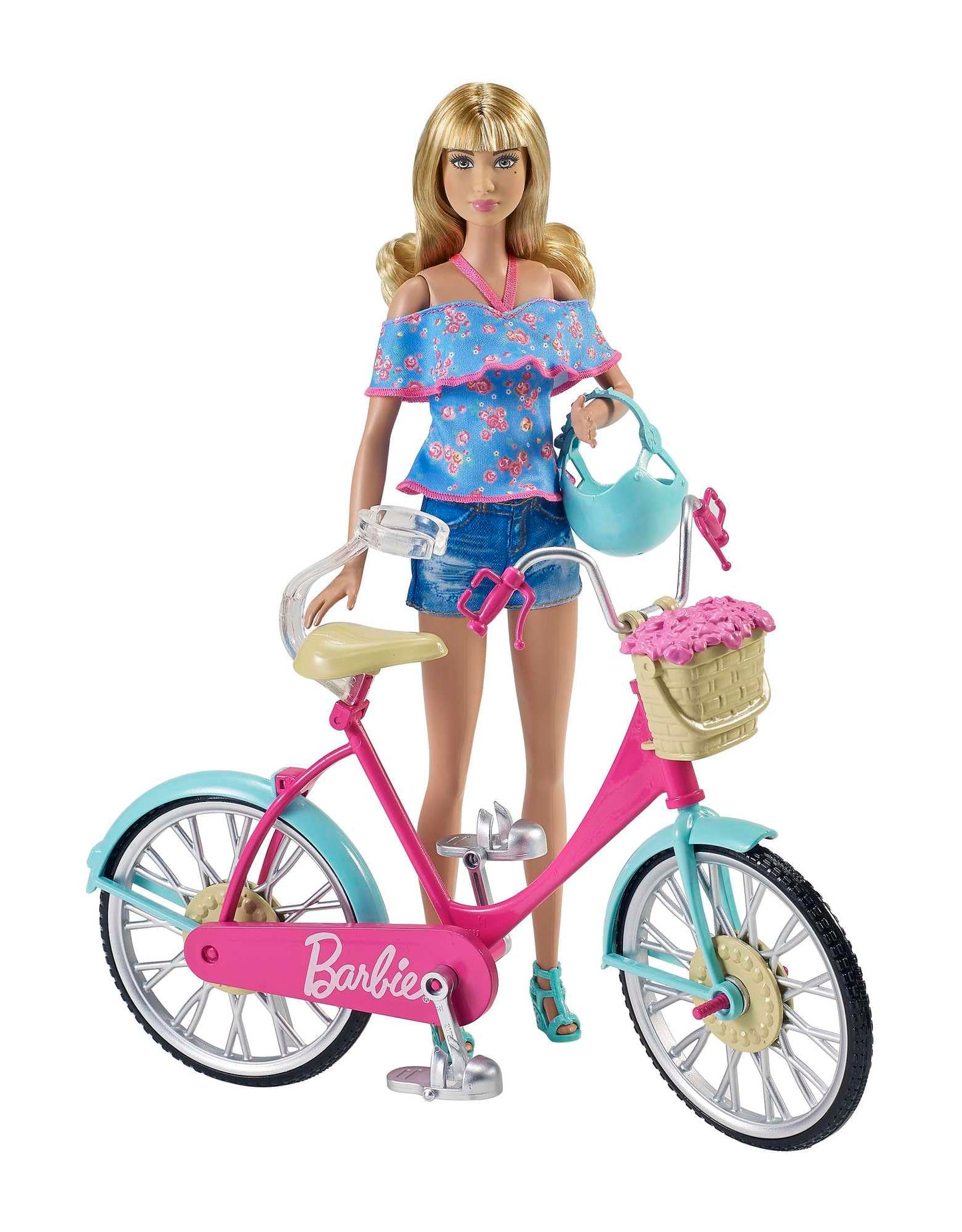 Barbie bicycle with a colorful basket filled with flowers, showcasing a fun and playful design for outdoor adventures.