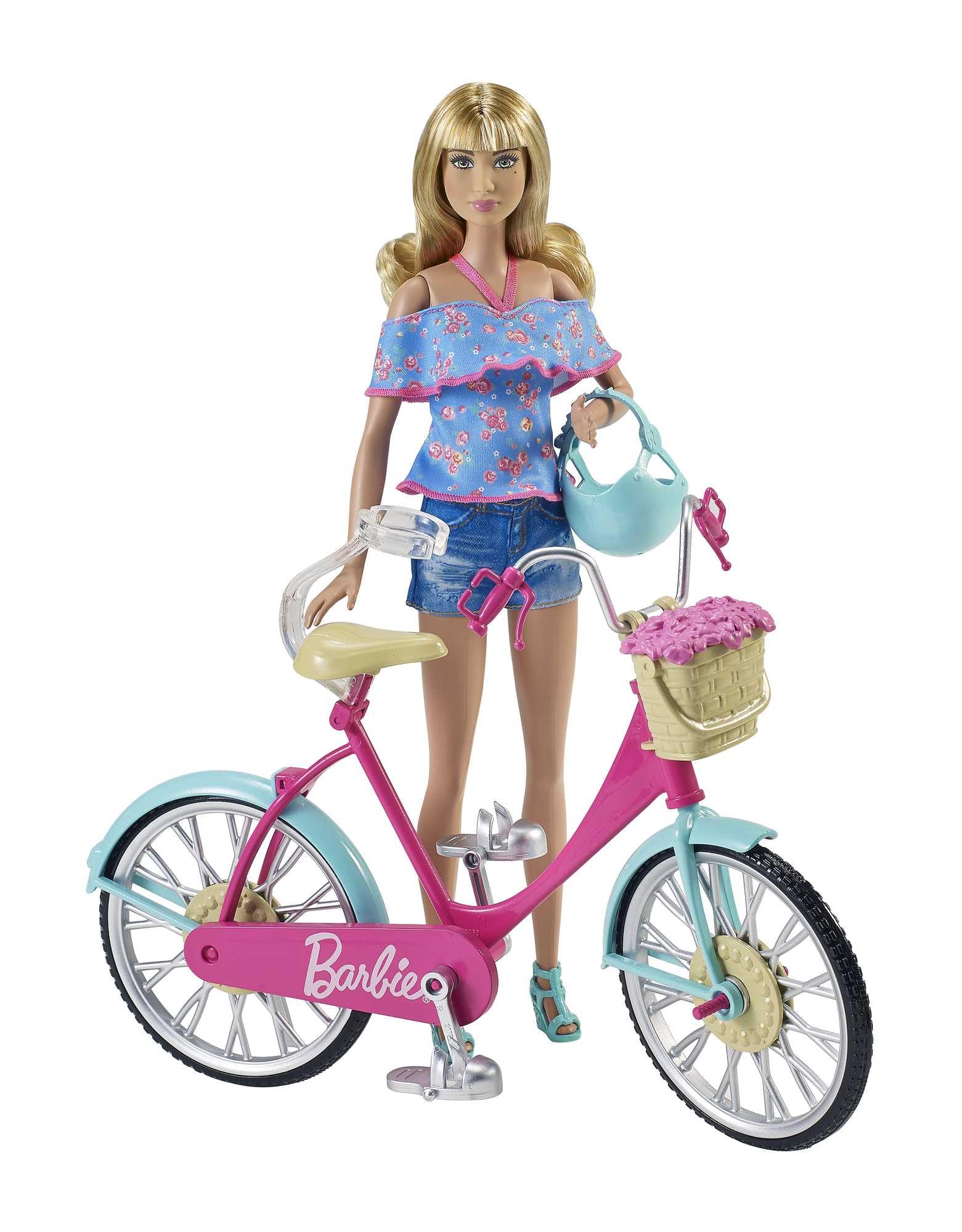 Barbie bicycle with a colorful basket filled with flowers, showcasing a fun and playful design for outdoor adventures.