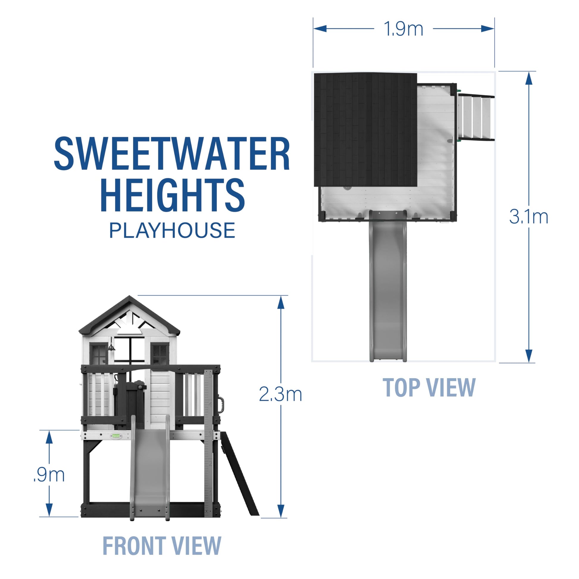 Backyard Discovery Sweetwater Heights cedar wood playhouse with wave slide, toy kitchen, growth chart, and compact design for kids.