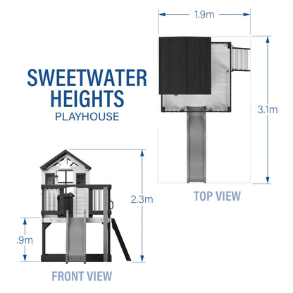 Backyard Discovery Sweetwater Heights cedar wood playhouse with wave slide, toy kitchen, growth chart, and compact design for kids.