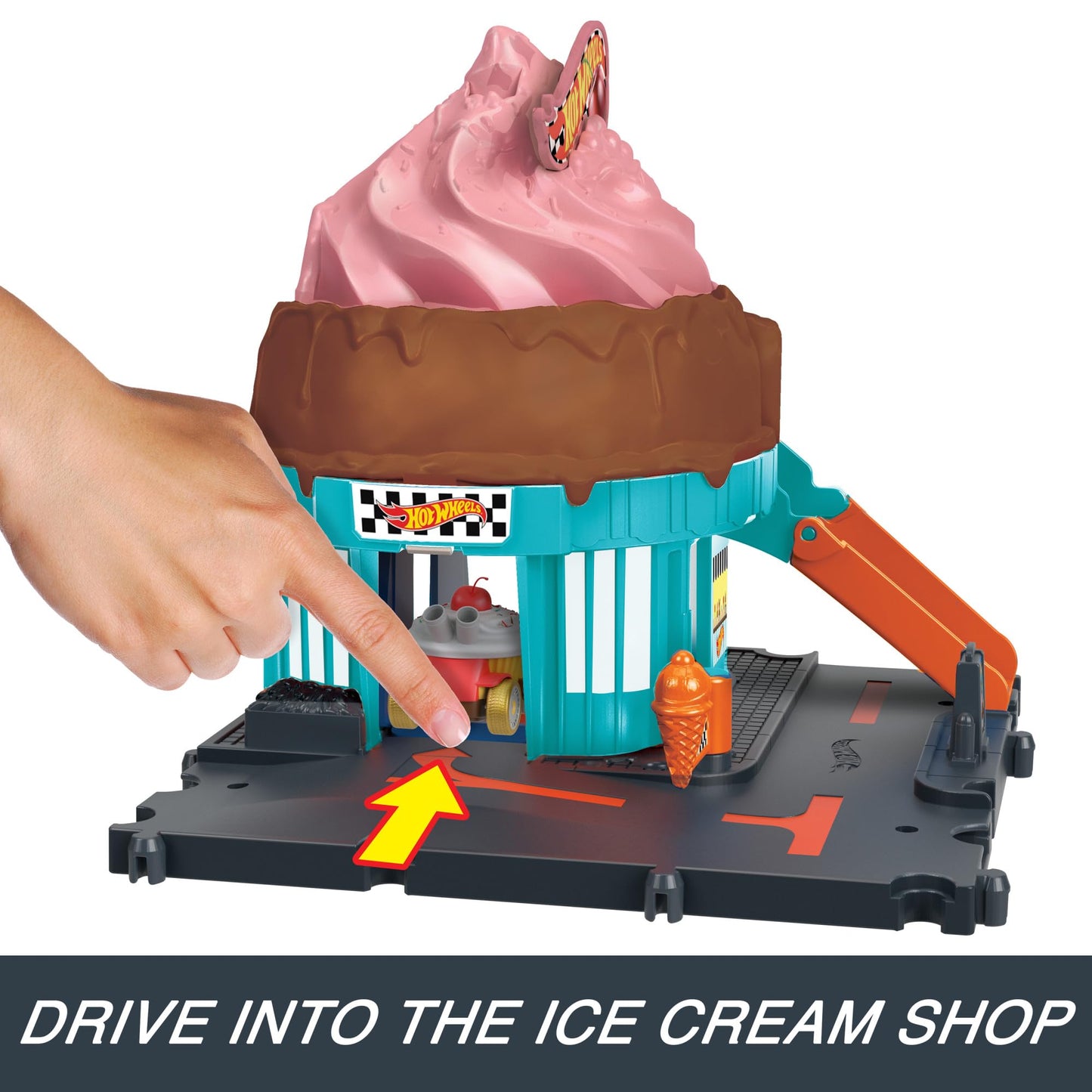 Hot Wheels Let's Race City Track Set featuring track, ice cream shop, and one car, designed for connecting with other sets.