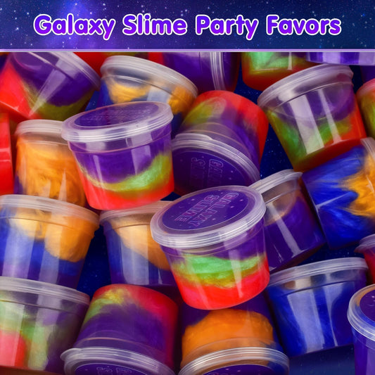 Colorful galaxy slime packs from Kaoerdce, fluffy, stretchy, non-sticky slime, ideal for kids' sensory play and stress relief.