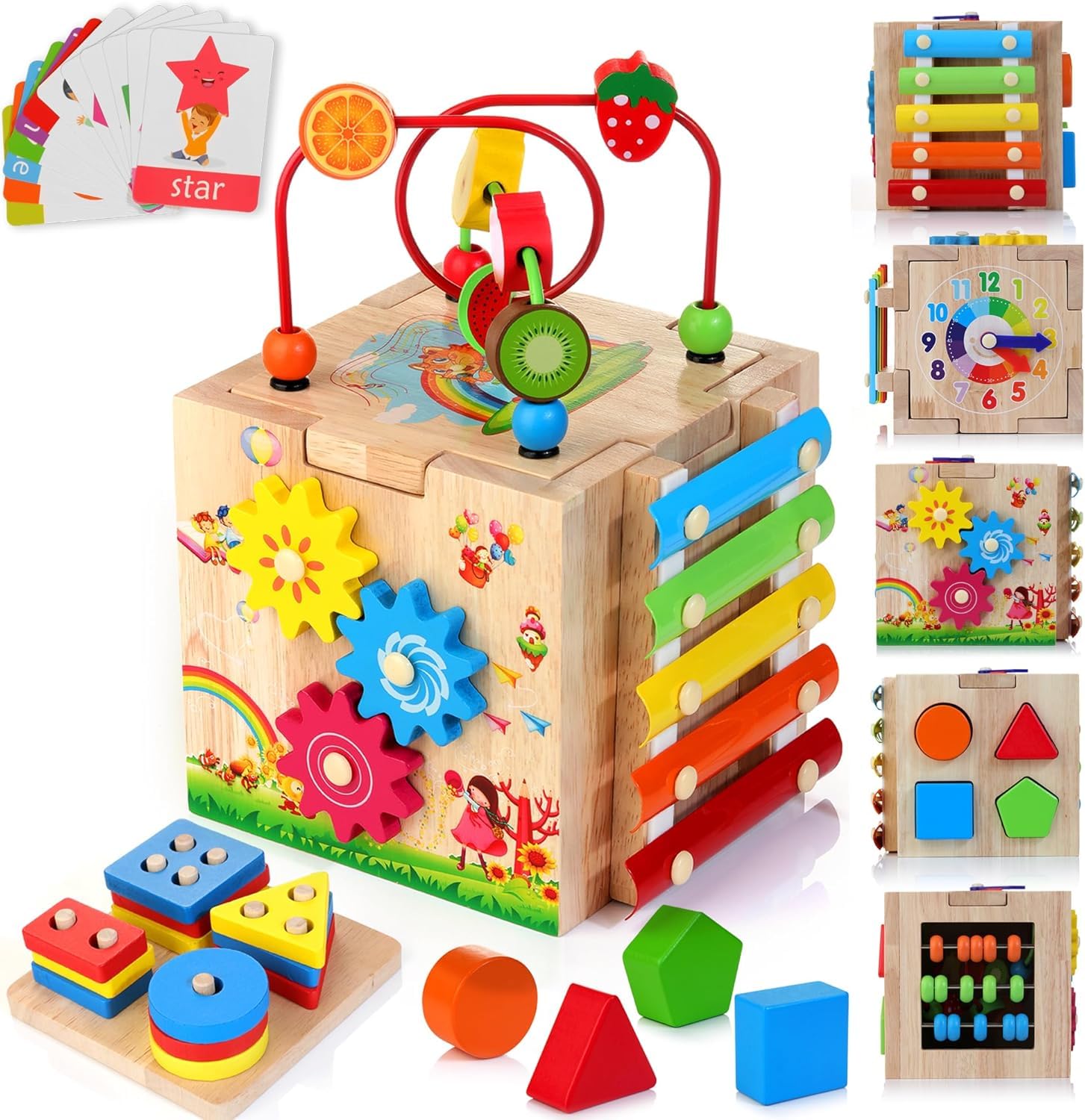 HELLOWOOD wooden activity cube with bead maze, shape sorter, abacus, xylophone, clock, and educational toys for toddlers ages 1-3.