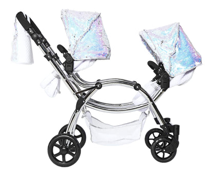 Roma Polly Dolls Pram 2-in-1 Dolls Pushchair, Double Buggy with Convertible Seat, Adjustable Handle, Foldable Canopy, Mermaid Print, Suitable for Ages 3-16, Perfect or Christmas