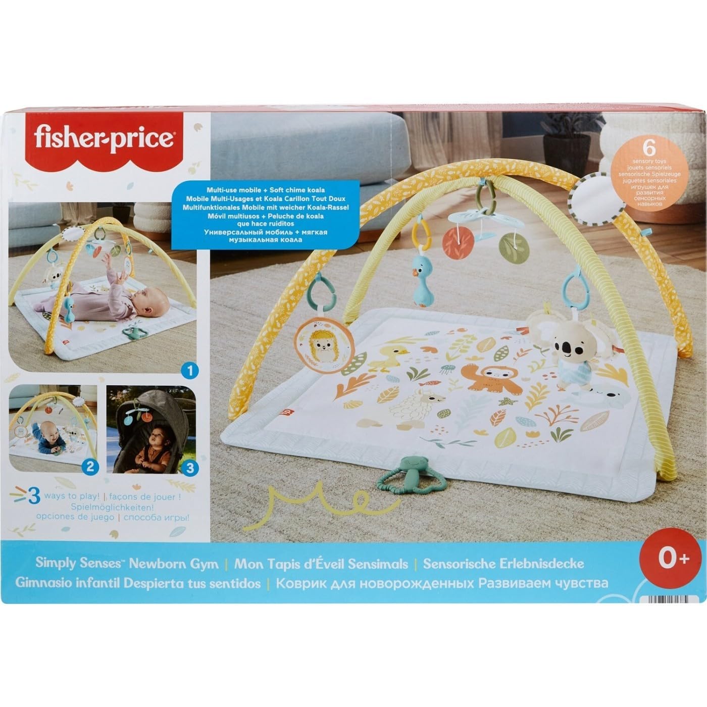 Fisher-Price Baby Playmat Simply Senses newborn gym with colorful sensory toys, mobile, and soft mat for developmental play for ages 0+.
