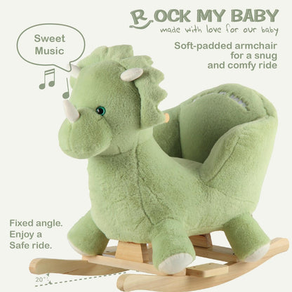 Rock My Baby Plush Rocking Horse - Soft Stuffed Body,Safety Seat Chair, Wooden Rockers, Music Button – Toddler Ride-On Toy for Ages 1–3 (green)