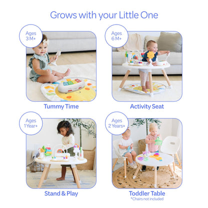 Move2Play 4-in-1 baby activity center with 8 interactive toys, Montessori-inspired design, ideal for tummy time and jumping for 3-6 months