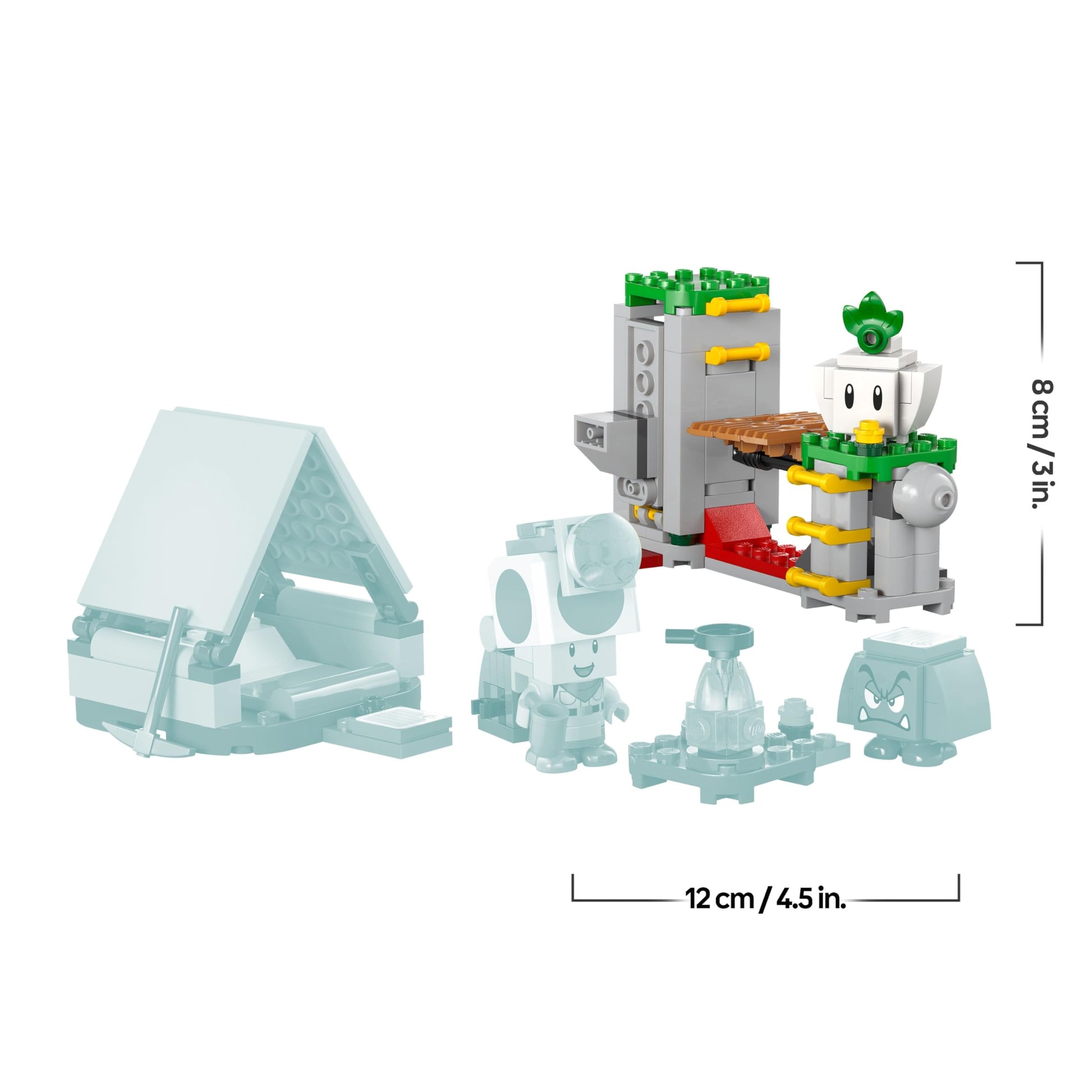 LEGO Super Mario Captain Toad's Camp set with Goomba figure, tent, and collapsing bridge, interactive toy for kids aged 6+.