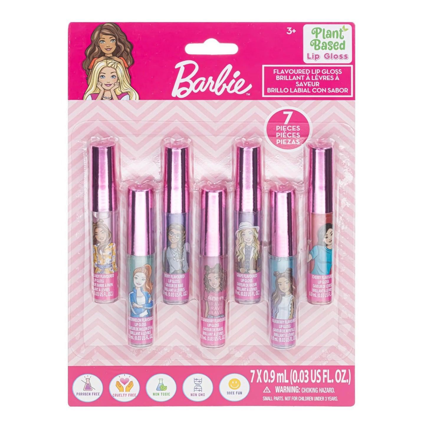 Barbie 7-piece plant-based lip gloss set by Townley Girl, perfect for girls' parties and sleepovers, ages 3 and up.