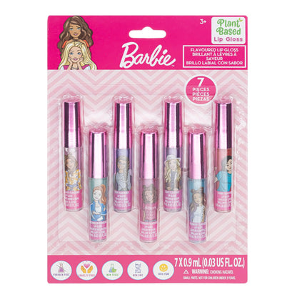 Barbie 7-piece plant-based lip gloss set by Townley Girl, perfect for girls' parties and sleepovers, ages 3 and up.