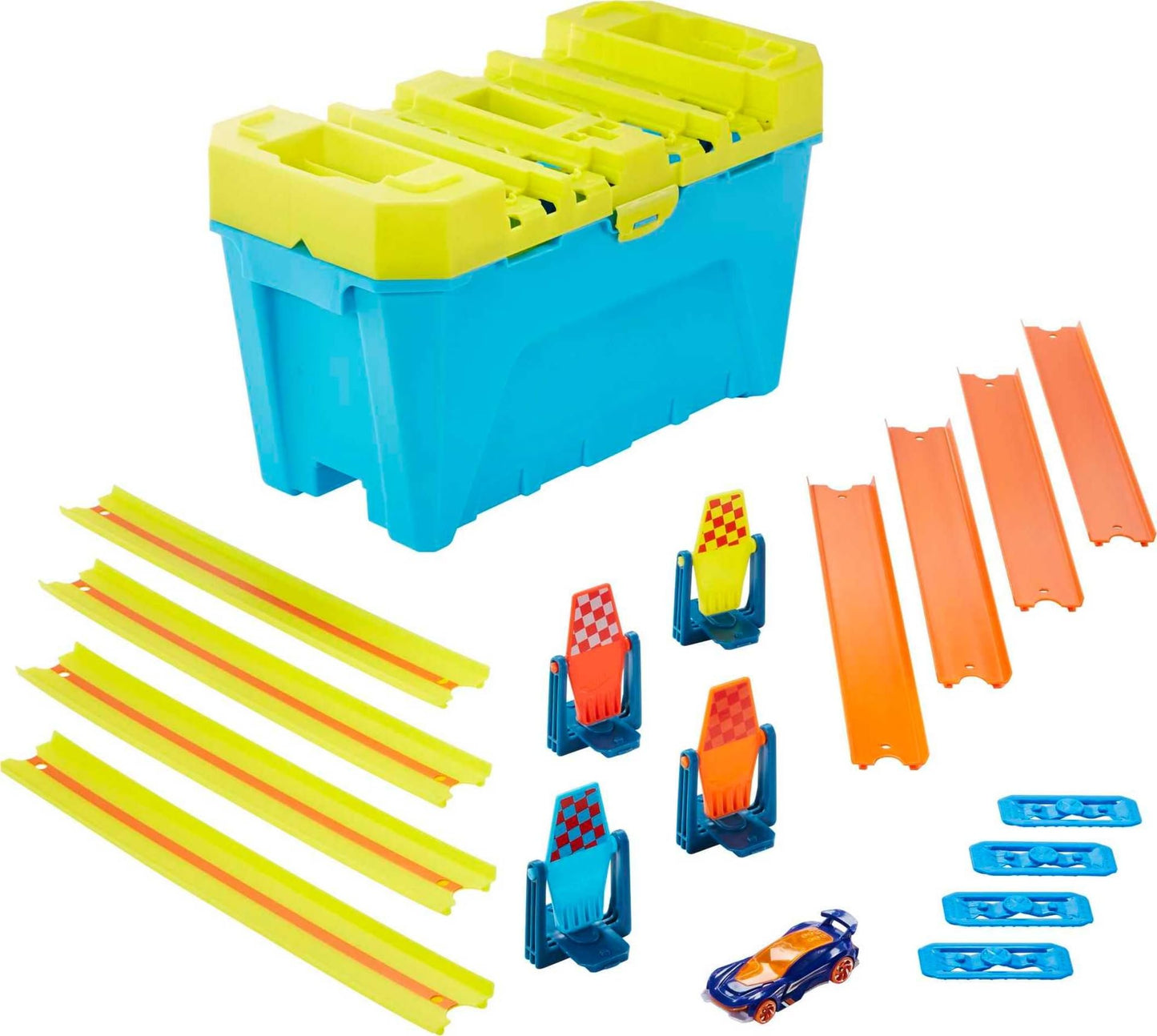Hot Wheels Track Builder Gravity Speed Box with Launch Gate, Clamp 4 Lane Start Gate 2 Hot Wheels 1:64 scale Vehicles, GLC95
