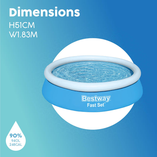 Blue Bestway 6ft x 20in round inflatable above ground pool set up on grass, ready for summer fun.