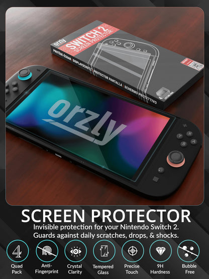 Orzly glass screen protectors for Nintendo Switch 2, 7.9-inch, 4-pack, featuring anti-scratch surface and easy bubble-free installation.