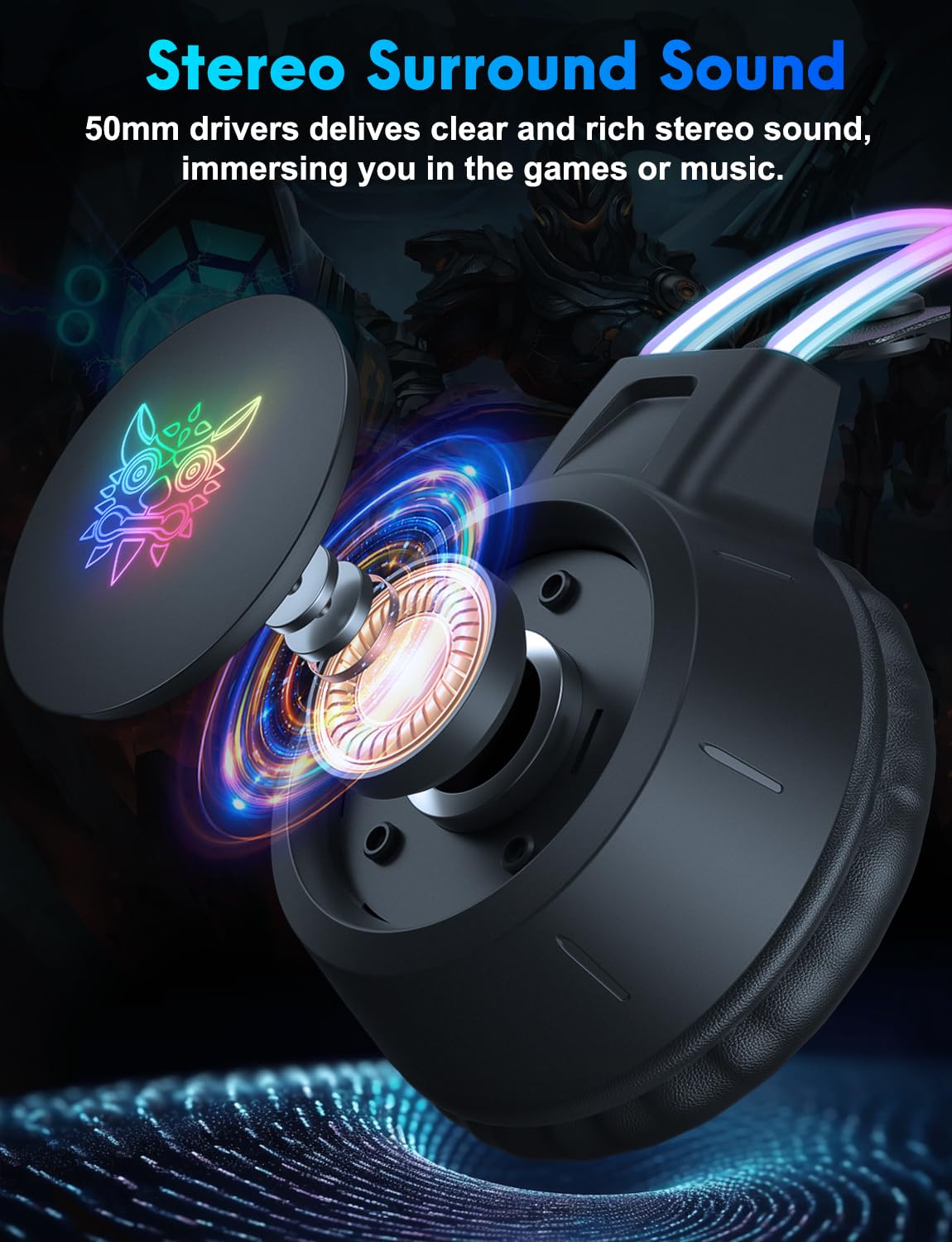 ONITOON lightweight gaming headset with removable cat ears, gradient RGB lighting, wired design, virtual surround sound, noise-canceling mic