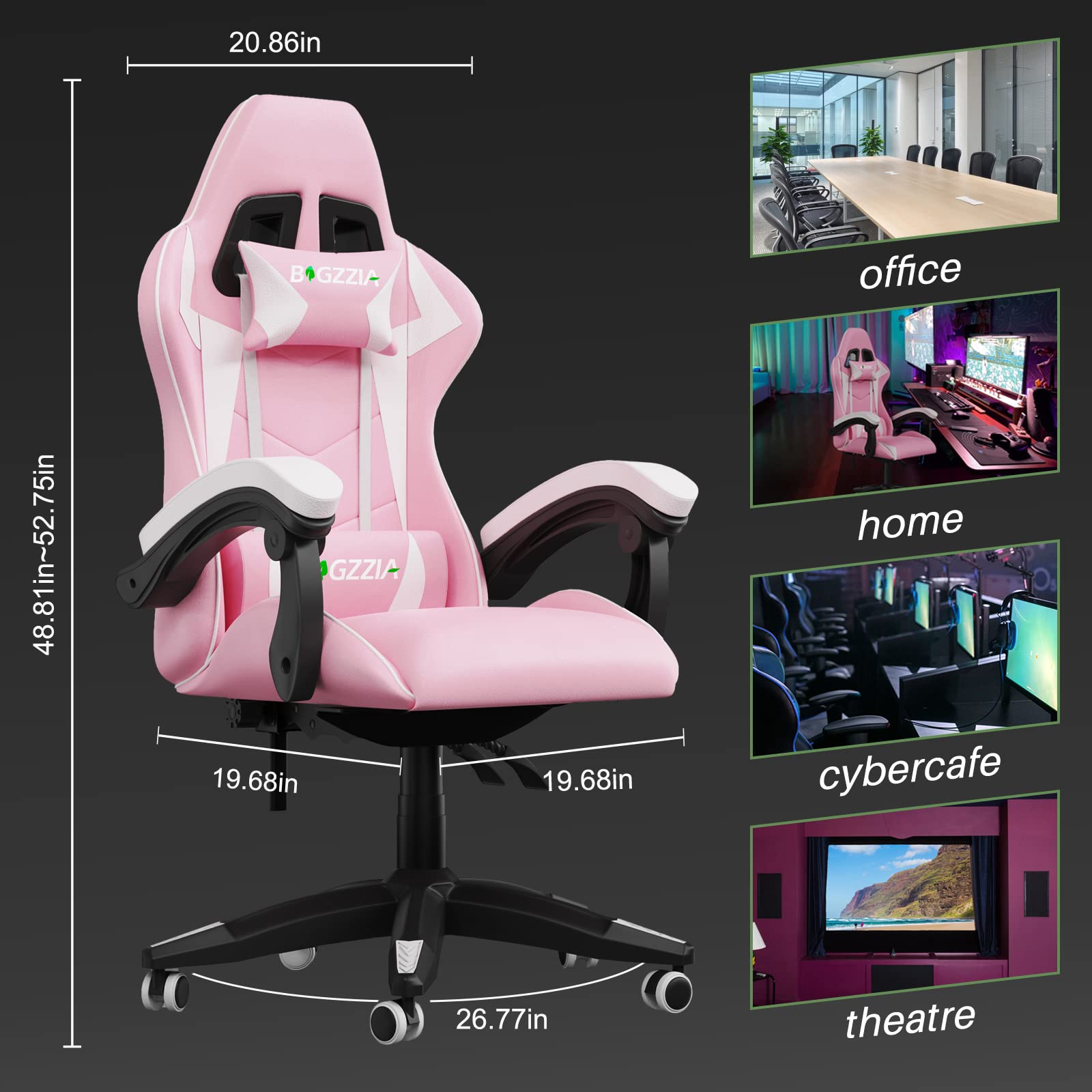 Bigzzia ergonomic gaming chair in pink with lumbar cushion and headrest, height-adjustable office and computer chair for adults
