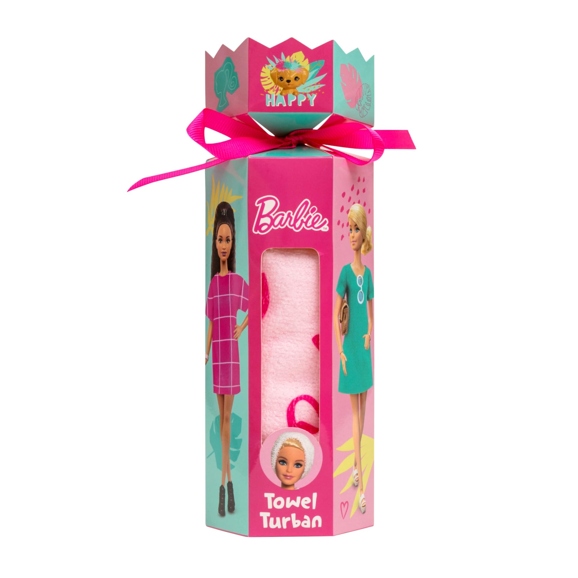 Barbie microfiber hair towel turban wrap in pink, designed for children, showcasing quick-dry fabric and fun design.