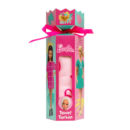 Barbie microfiber hair towel turban wrap in pink, designed for children, showcasing quick-dry fabric and fun design.
