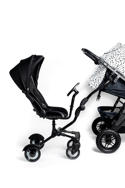 Roma Side Rider Universal Buggy Board with Seat - 4-Wheel Pram Board for Toddlers, Side Buggy Board with Universal Connector for Easy Attachment - Toy Steering Wheel - Hood