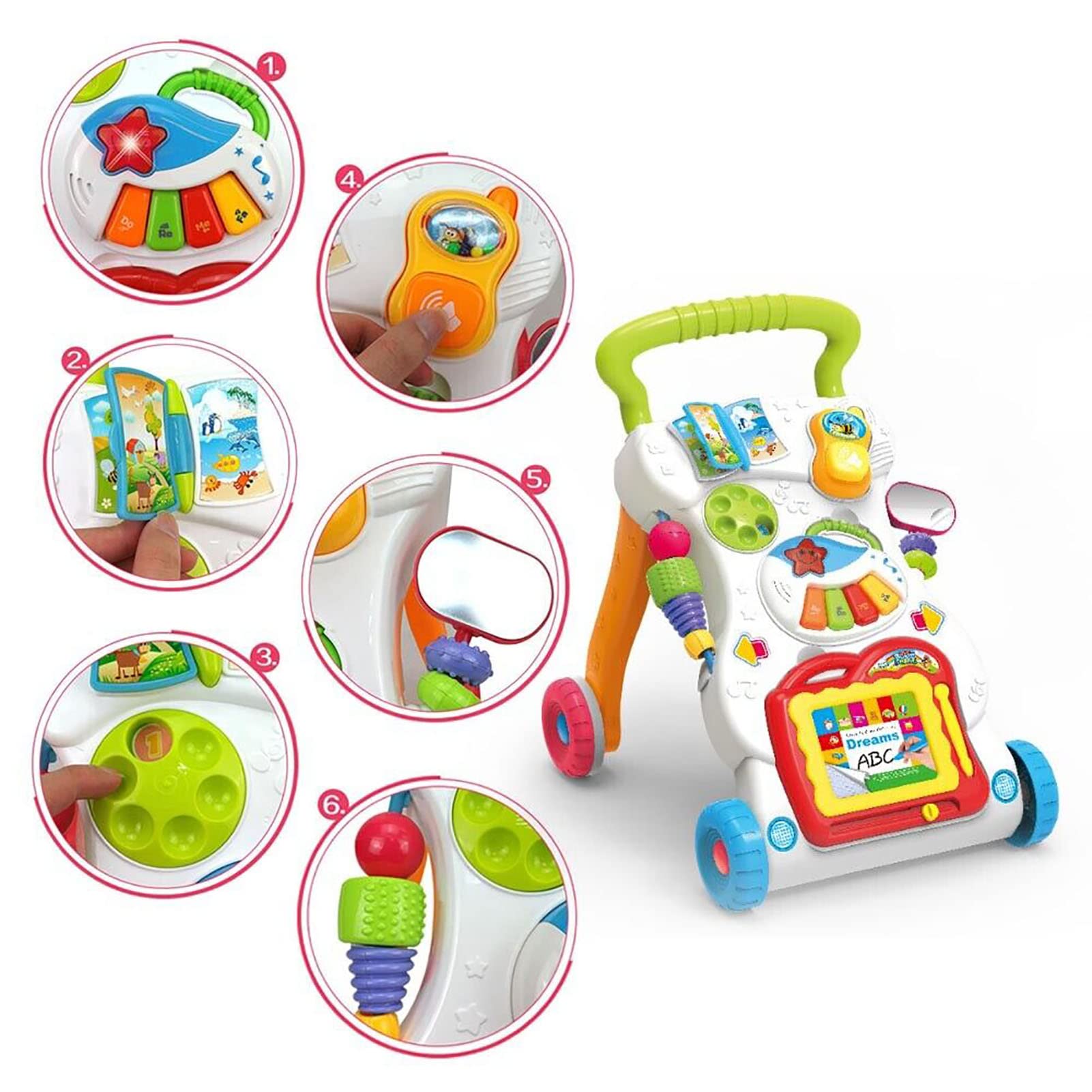 Queiting Baby Walker with musical toys, activity car, and stroller handle, designed for toddler's first steps and play.