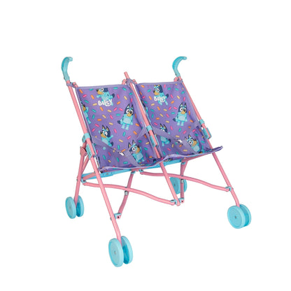 Bluey Buddy Buggy Stroller for children, lightweight double toy pram with umbrella fold, portable design, featuring Bluey print.