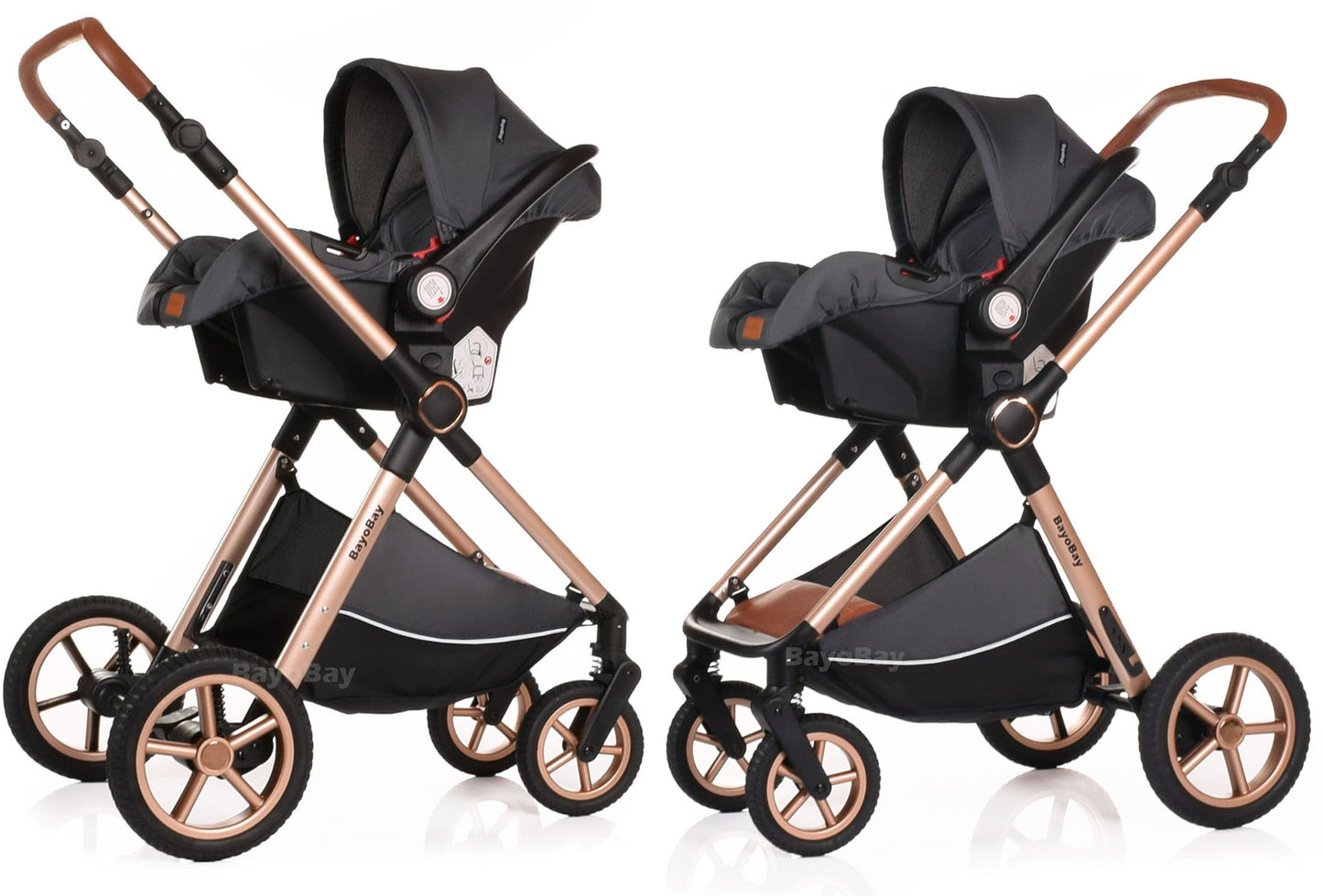 BayoBay 3-in-1 baby buggy pram and stroller with car seat and carrycot, lightweight foldable travel system in grey gold for newborns.