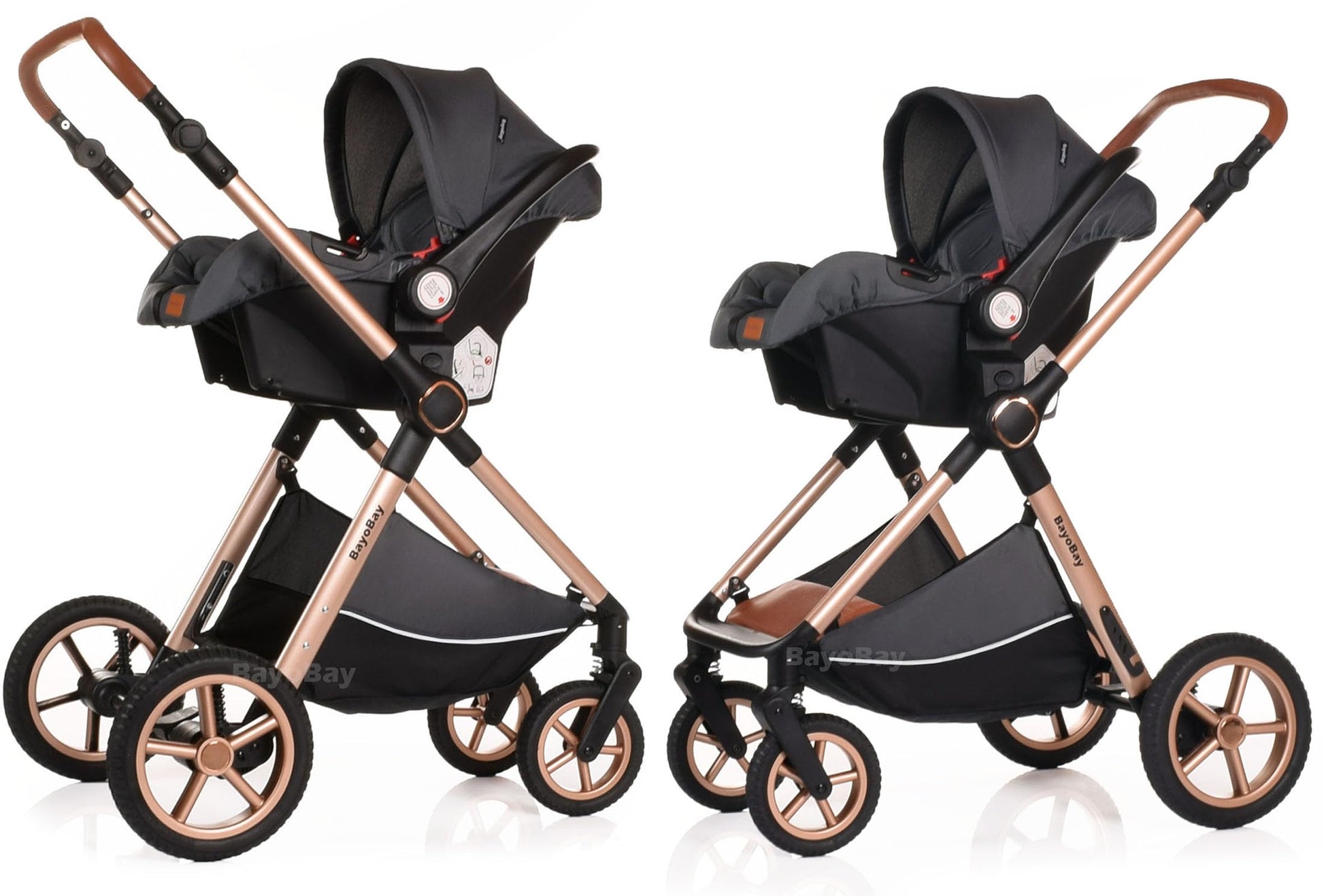 BayoBay 3-in-1 baby buggy pram and stroller with car seat and carrycot, lightweight foldable travel system in grey gold for newborns.