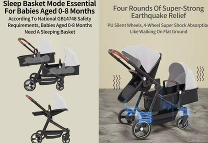 Rexhan Twin 4 in 1 Reversible Travel System, Foldable Double Baby Buggy, Twin Toddler Pram, Pushchair, Tandem All in One Stroller, Lightweight, Portable Baby Carriage, Newborn 0-4 Year, Aluminium