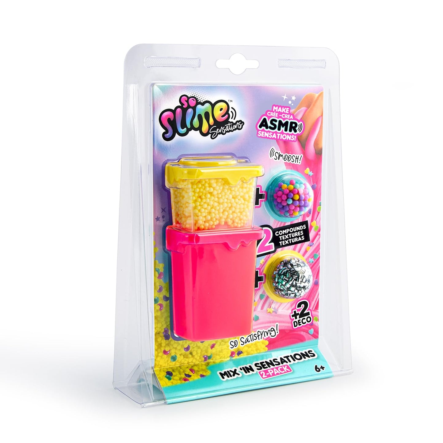 Two packs of So Slime Sensations Mix’In Slime Set with colorful mix-in decorations for kids age 6+ displayed in clear containers.