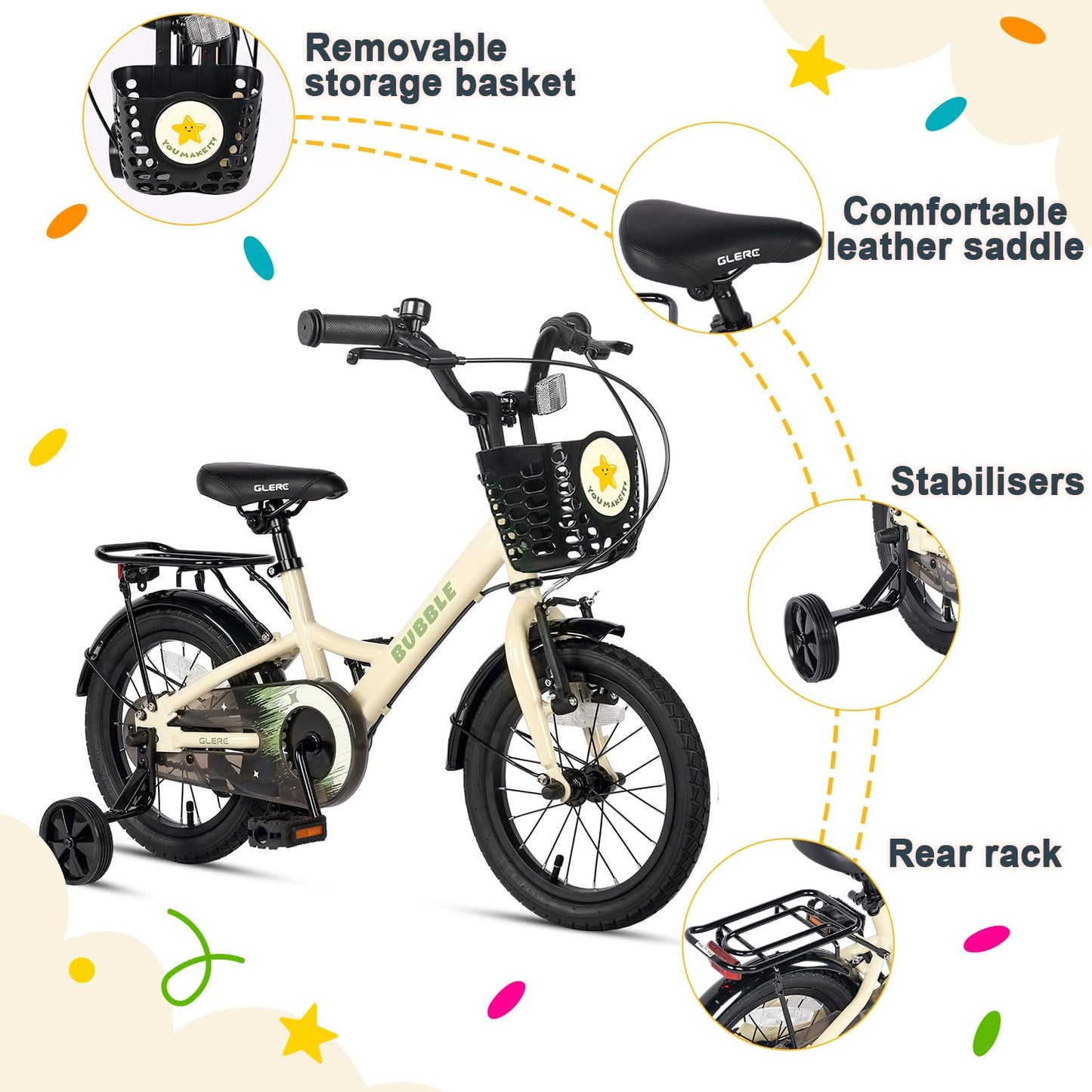 Beige Glerc Bubble 14-inch kids bike with basket, stabilizers, and rear rack for boys and girls aged 3 to 6 years.