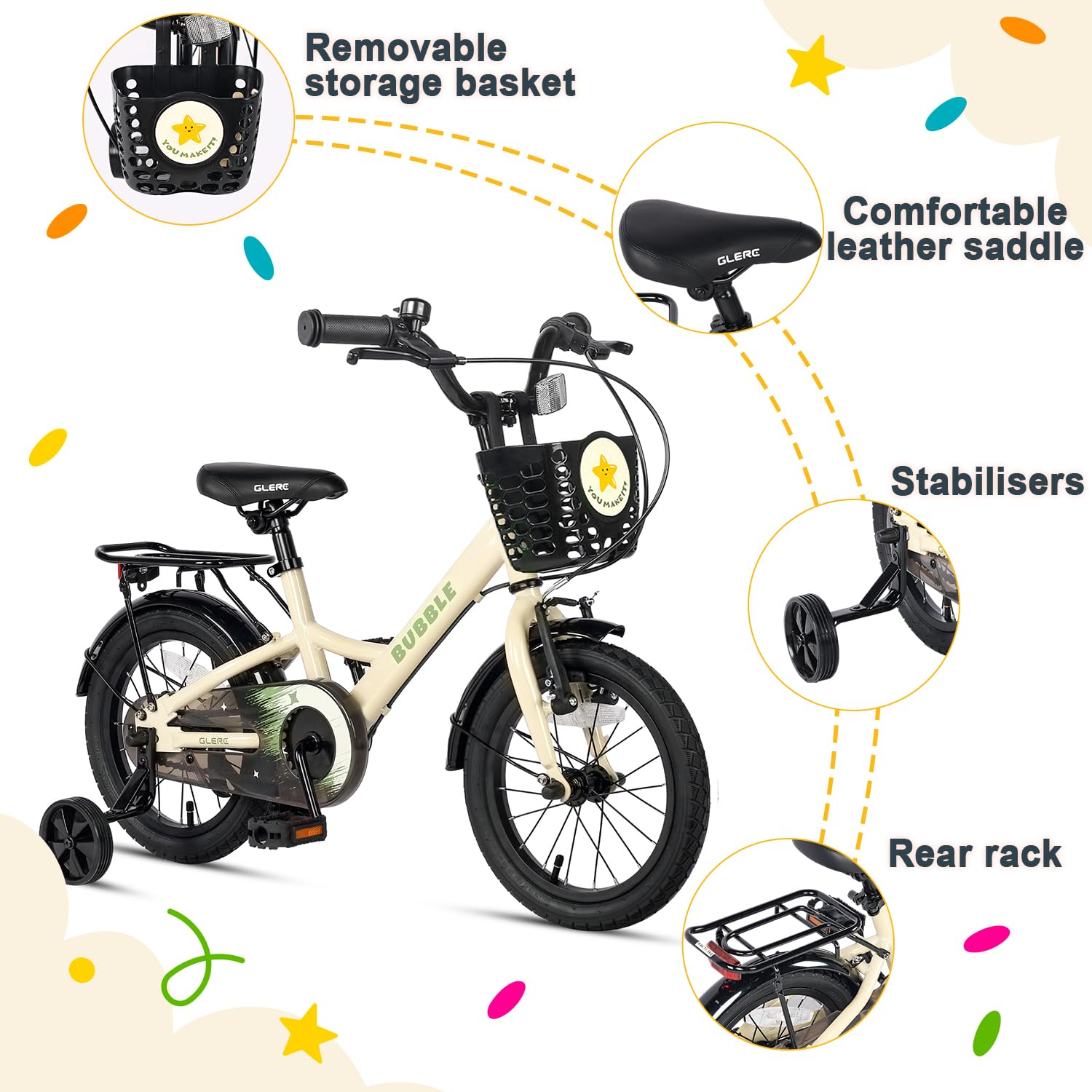 Beige Glerc Bubble 14-inch kids bike with basket, stabilizers, and rear rack for boys and girls aged 3 to 6 years.