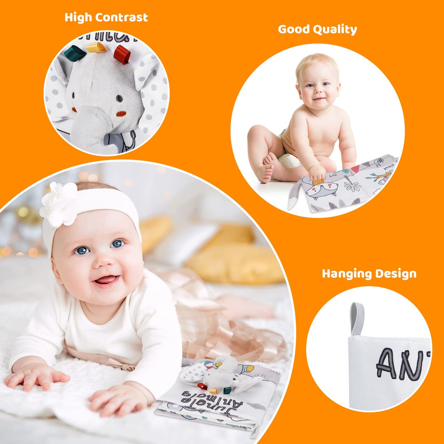 Baby Books, Soft Crinkle Cloth Sensory Toy High Contrast Soft Book, Fabric Touch and Feel Activity Early Development Toy Infant Boy Girl Shower Present