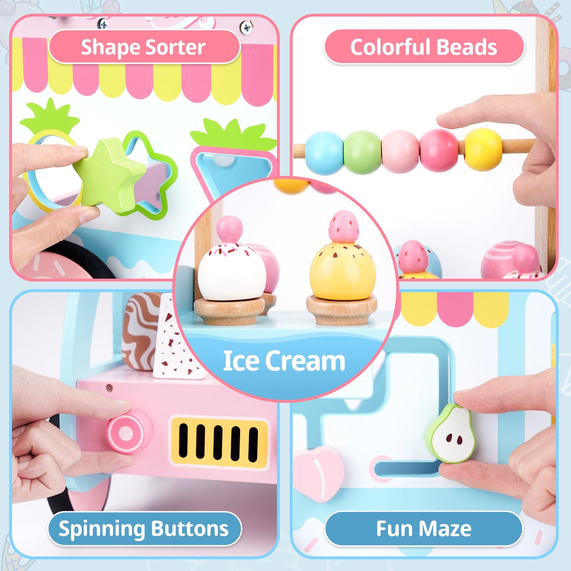 Wooden baby walker with wheels for girls, featuring an ice cream toy and activity center, designed for toddlers learning to walk.