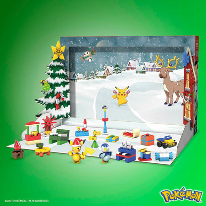MEGA Pokémon Building Toys Set featuring 202 pieces, 2 poseable characters, and holiday accessories for kids.
