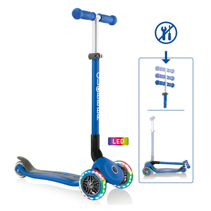 Globber Primo Foldable Lights Kids Scooter 120/80mm ABEC 5 3 Wheel Height Adjustable LED Wheels Dark Blue
