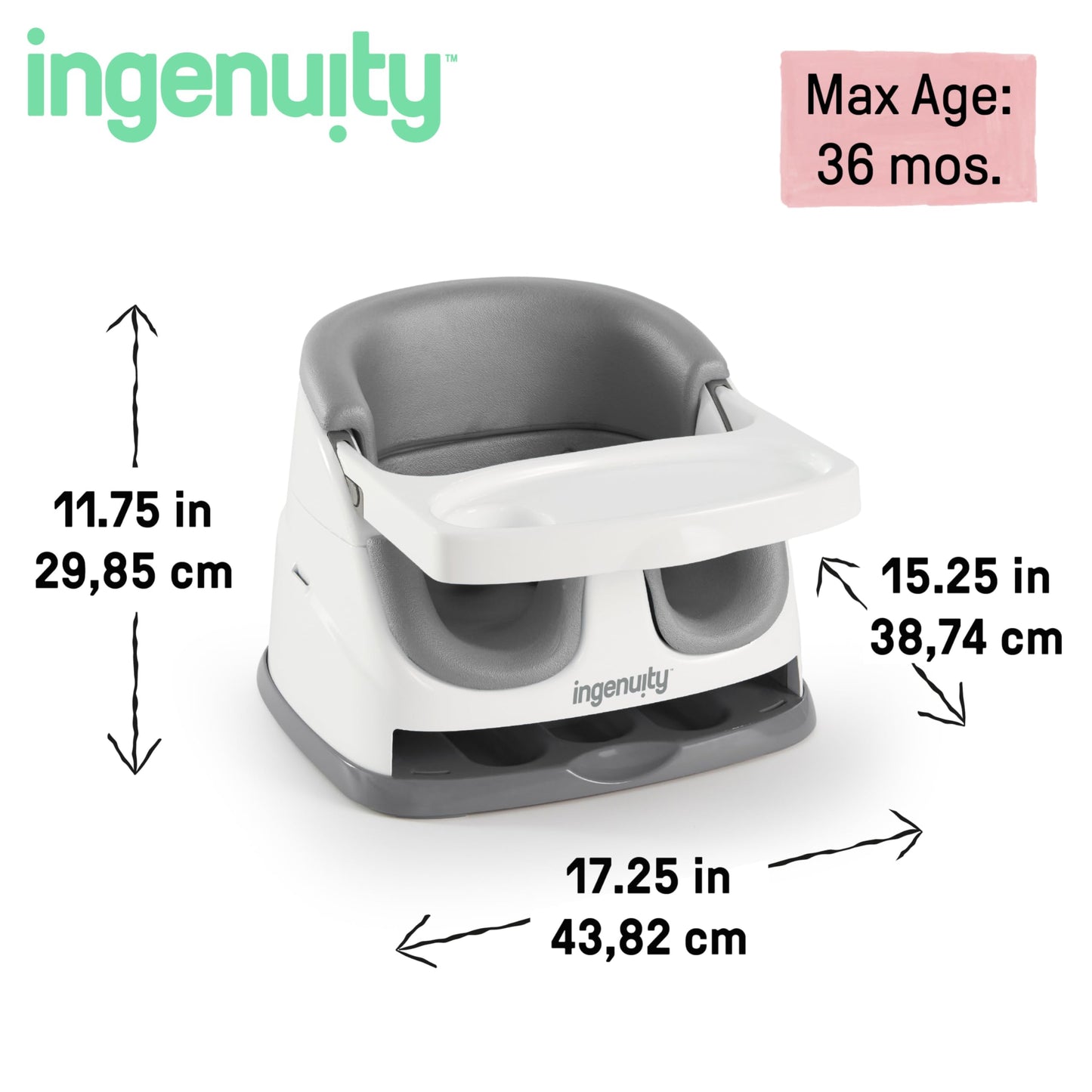 Ingenuity, Baby Base 2-in-1 Seat, Slate, Booster Chair, Dining and Feeding Seat for Toddlers, Easy to Clean with Removable and Self-Storing Tray, Ages 6 Months+