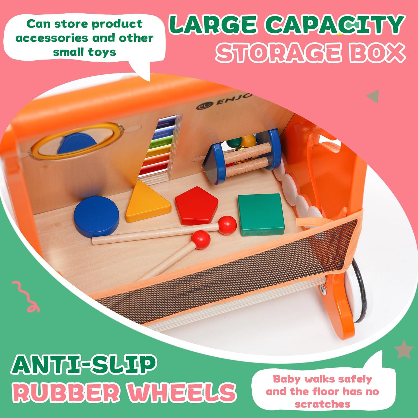 Forroby 2-in-1 wooden baby walker with activity center, Montessori game panel, anti-slip wheels, suitable for 9+ months toddlers.
