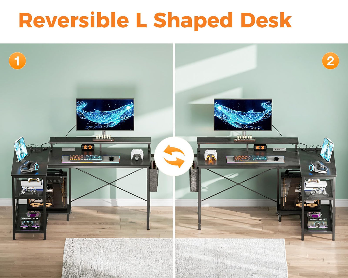 Black Coleshome L-shaped gaming desk with LED lights, spacious surface, storage shelves, monitor stand, and built-in power outlet.