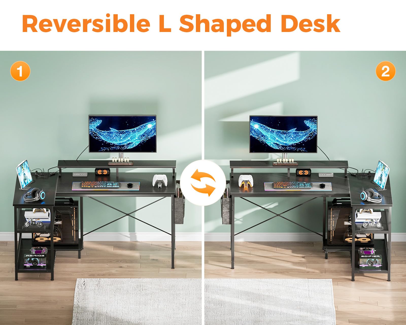 Black Coleshome L-shaped gaming desk with LED lights, spacious surface, storage shelves, monitor stand, and built-in power outlet.