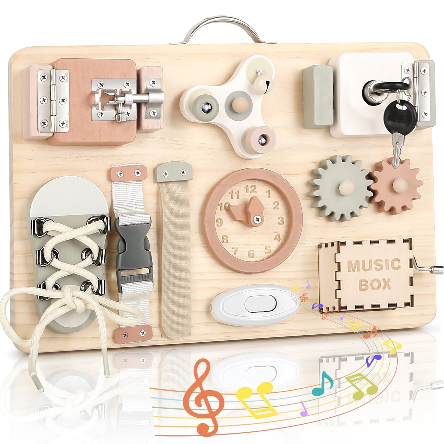 Joyreal wooden busy board for toddlers with sensory activities, fidget features, and montessori travel toys for fine motor skill development.