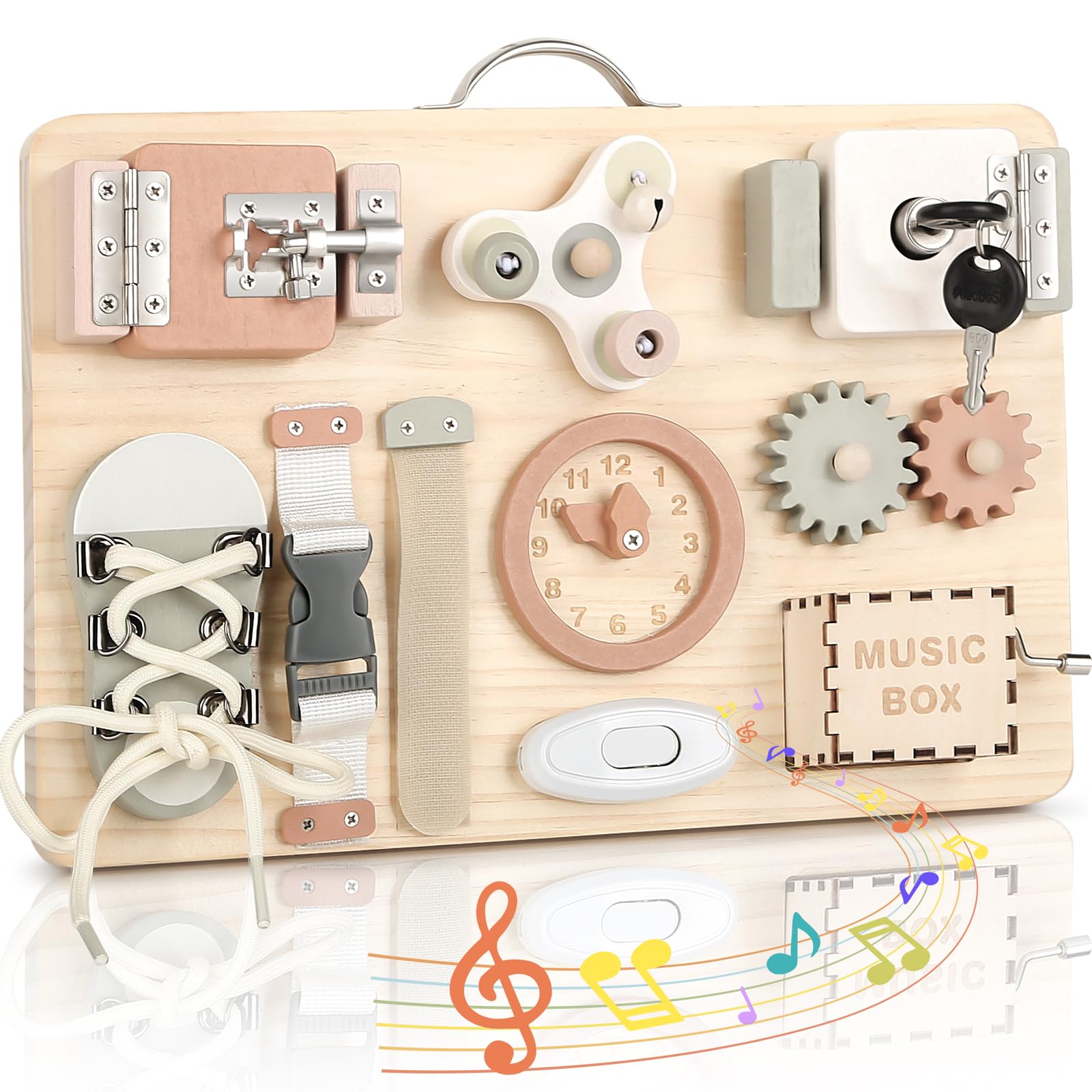 Joyreal wooden busy board for toddlers with sensory activities, fidget features, and montessori travel toys for fine motor skill development.