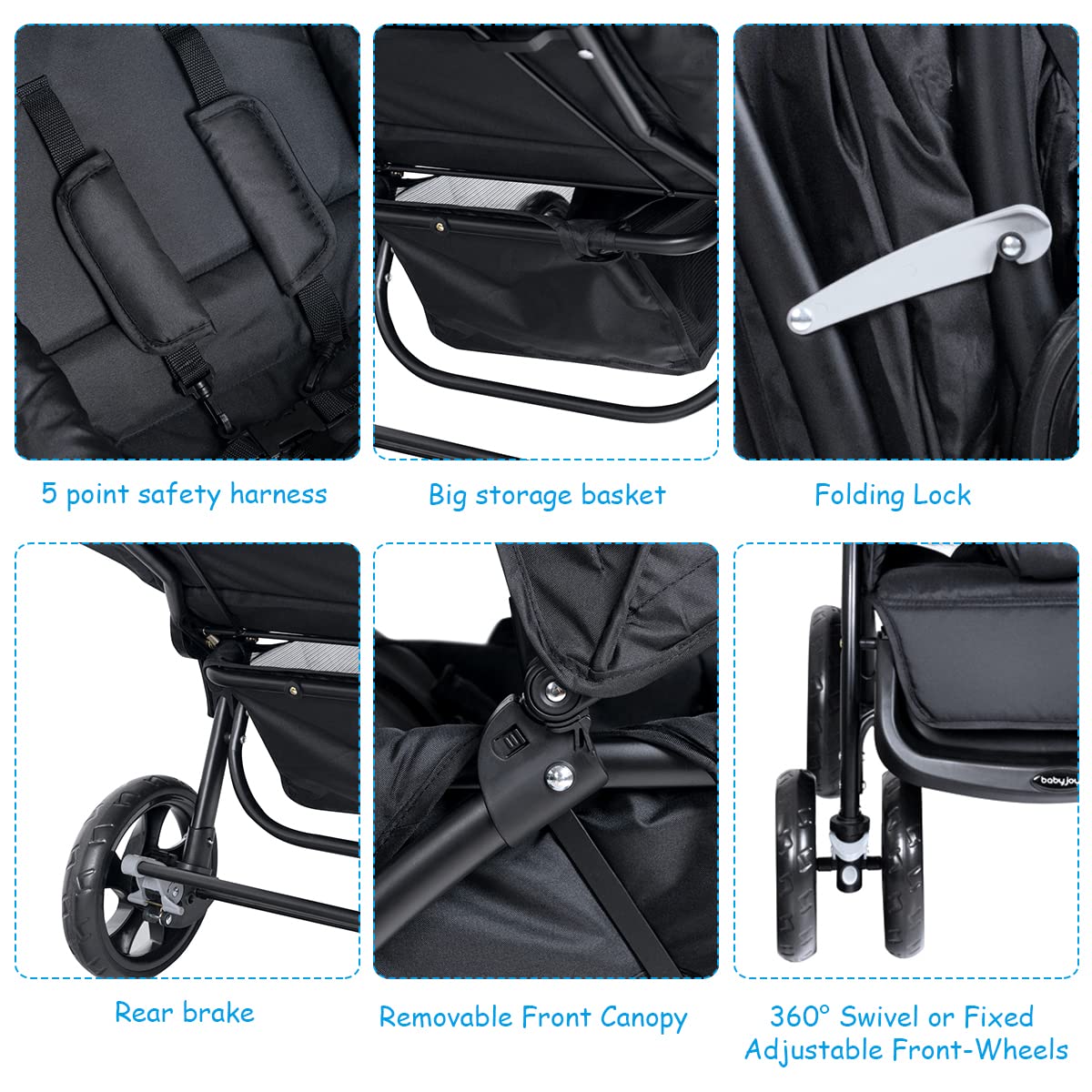 COSTWAY double seat pushchair with foldable twin design, adjustable backrest, sunshade, safety belts, and storage basket in black.