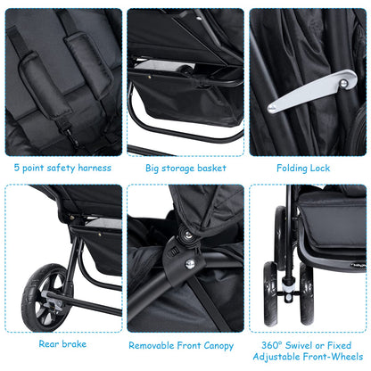 COSTWAY double seat pushchair with foldable twin design, adjustable backrest, sunshade, safety belts, and storage basket in black.