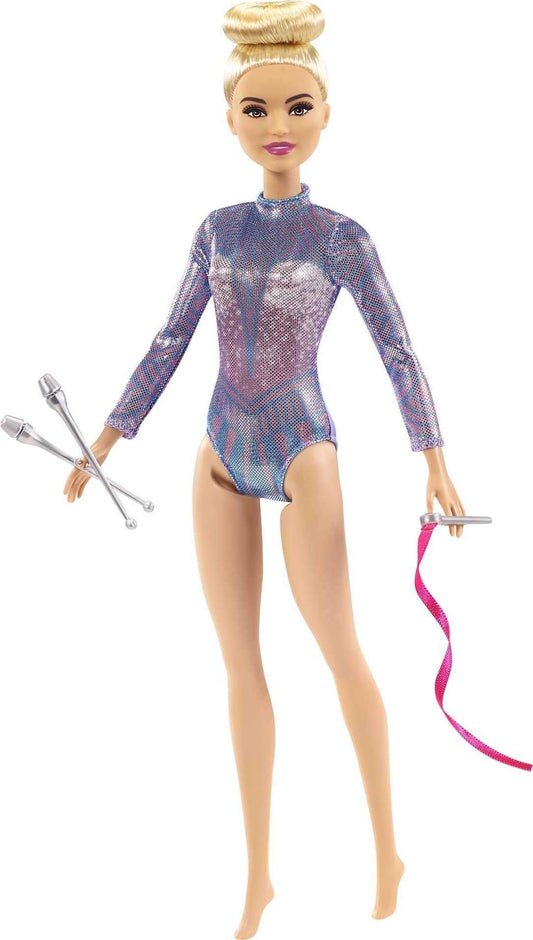 Barbie Rhythmic Gymnast doll in metallic leotard, holding clubs and ribbon, showcasing dynamic pose and blonde hair.
