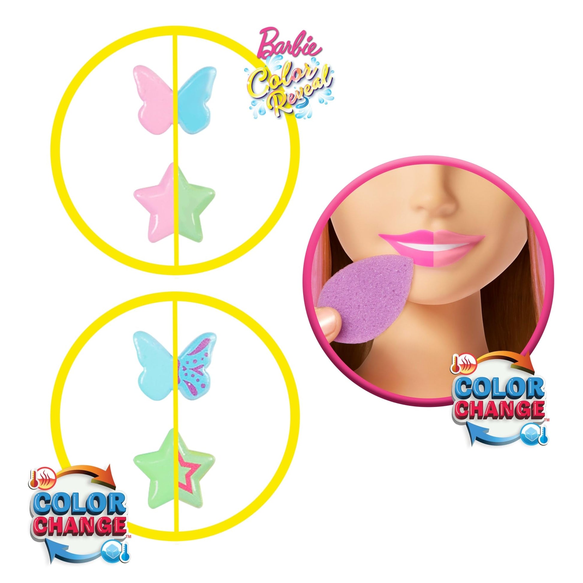 Blonde Barbie doll styling head with colorful hair clips, including star and butterfly color change accessories, for hair styling play.