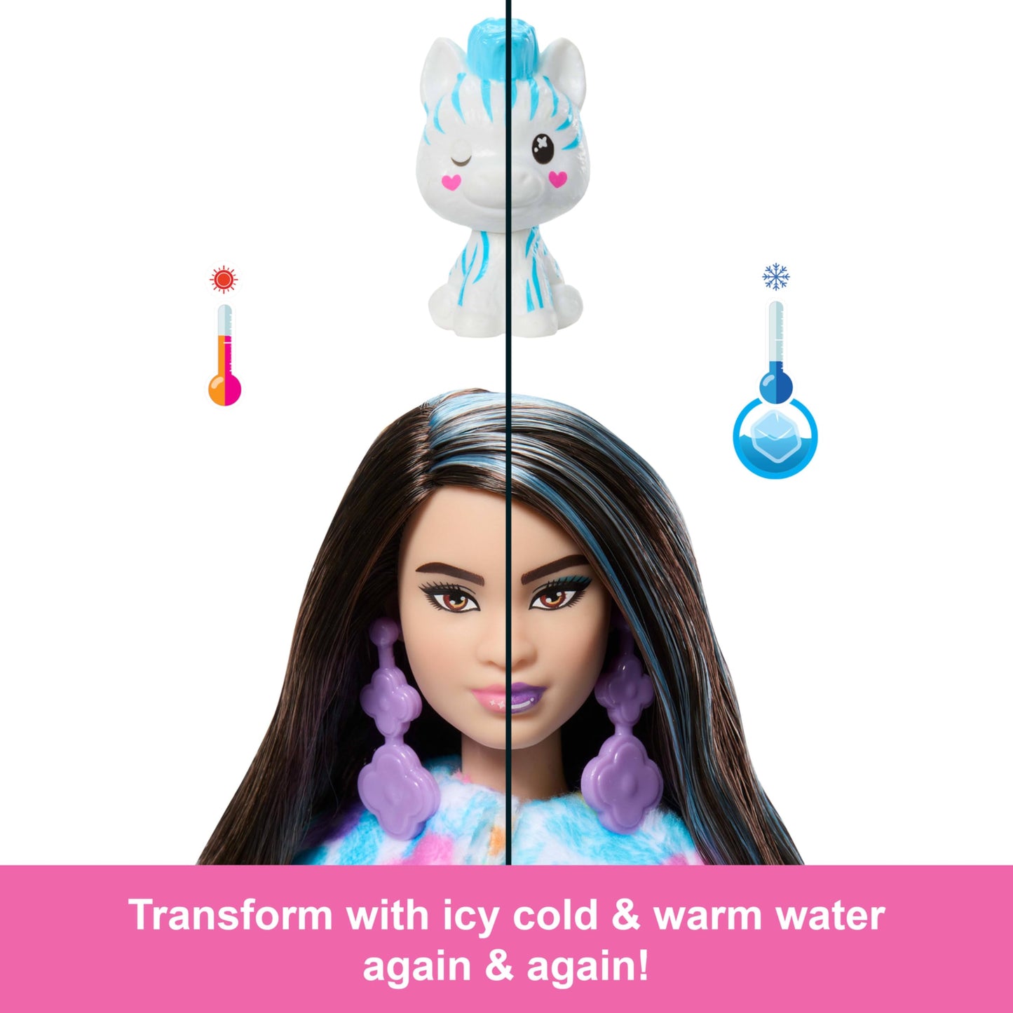 Barbie Cutie Reveal Doll with rainbow zebra plush costume and accessories, featuring 10 surprises including color change in the Color Dream series.