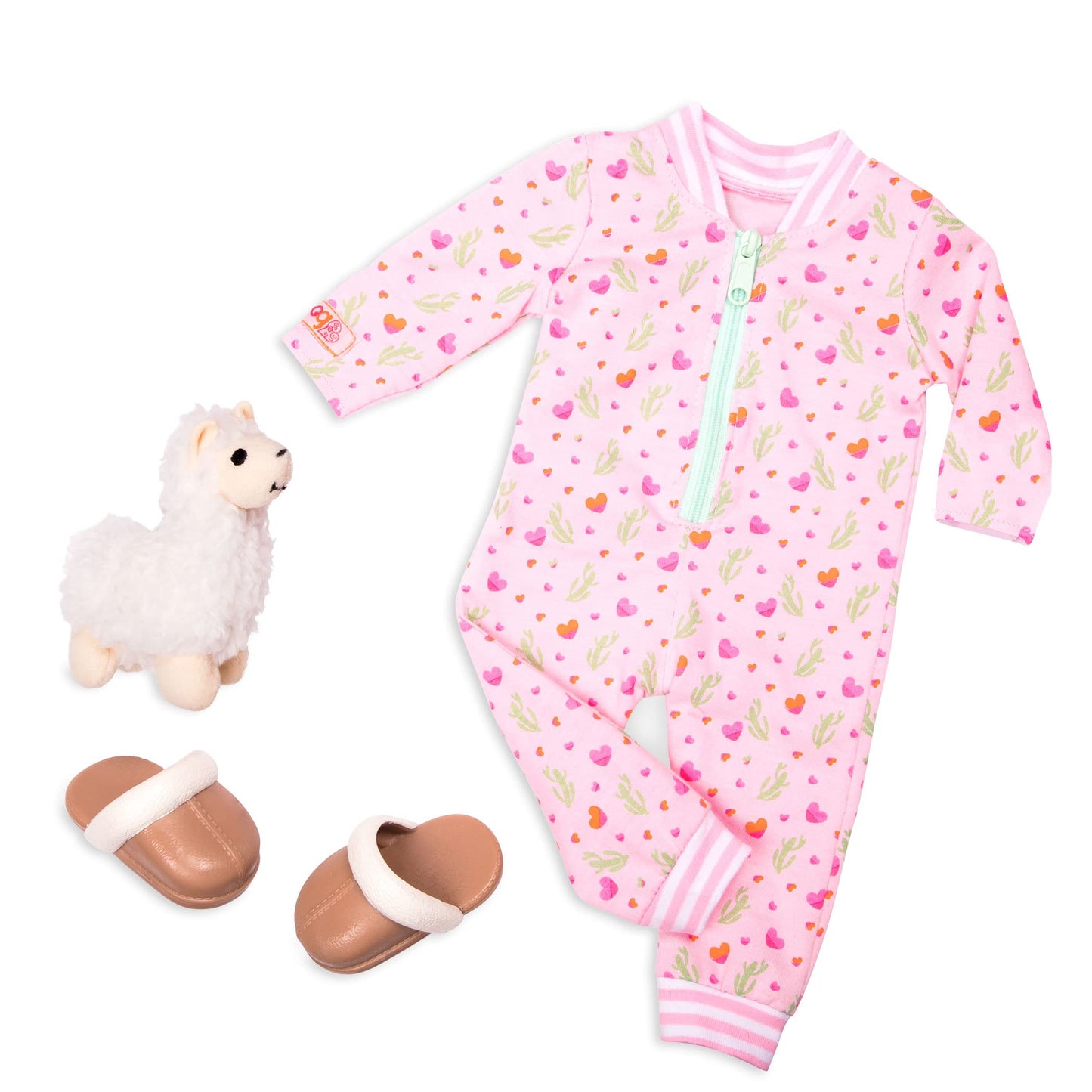 Our Generation llama lullabies outfit with plush llama toy, 3-piece pajama onesie set for 18-inch dolls.
