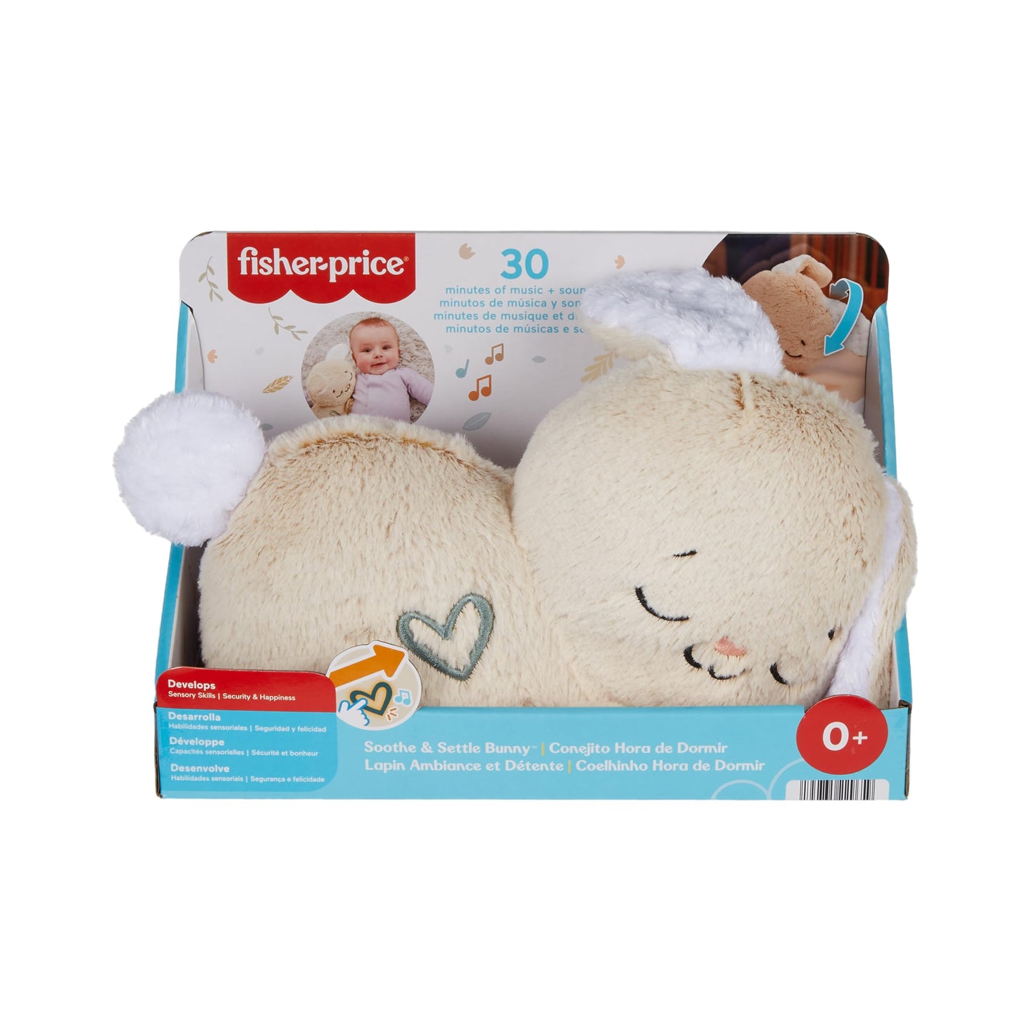 Fisher-Price baby sound machine Soothe & Settle Bunny plush toy with music, lights, and motion for newborns.
