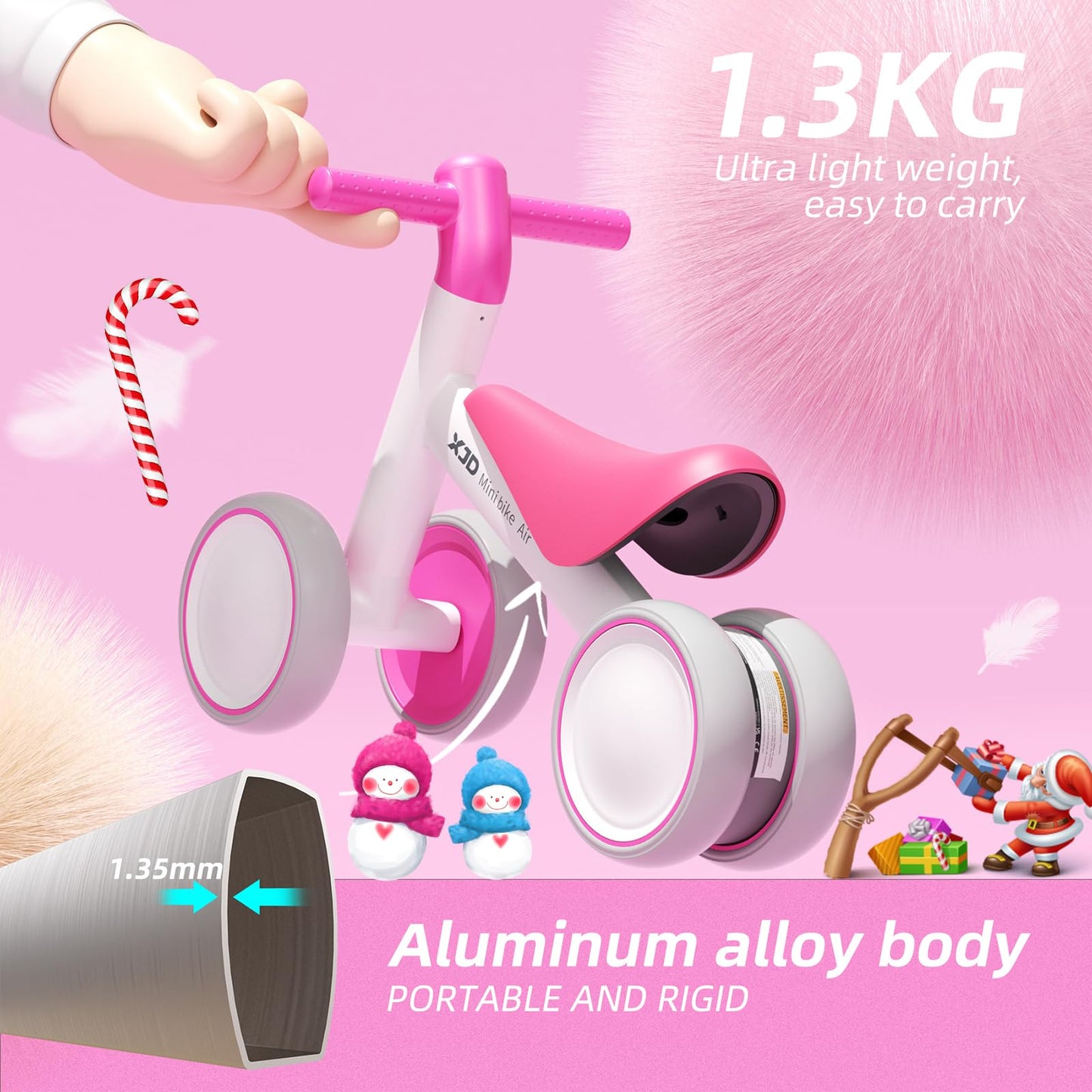 XJD baby balance bike for toddlers, pink and white design, suitable for 10-24 months, with no pedals for easy riding.