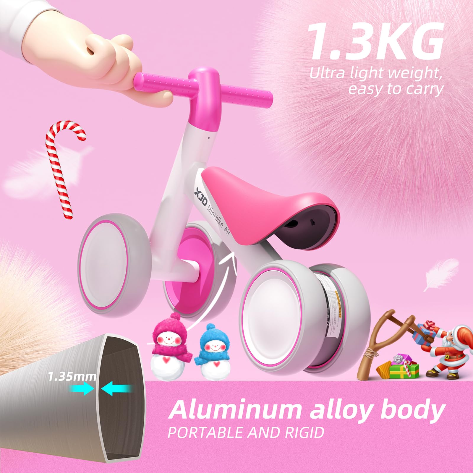XJD baby balance bike for toddlers, pink and white design, suitable for 10-24 months, with no pedals for easy riding.