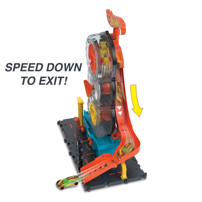 Hot Wheels City Super Twist Tire Shop Playset with spinning key and one Hot Wheels car for kids ages 4 to 8.